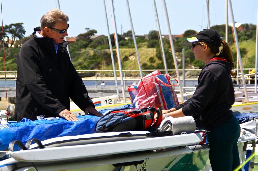 Event Patron, John Bertrand talks with a 49erFX competitor - Practice - Sail Melbourne , 2013 - ISAF World Sailing Cup, Round 1- Day 0 © Richard Gladwell www.photosport.co.nz